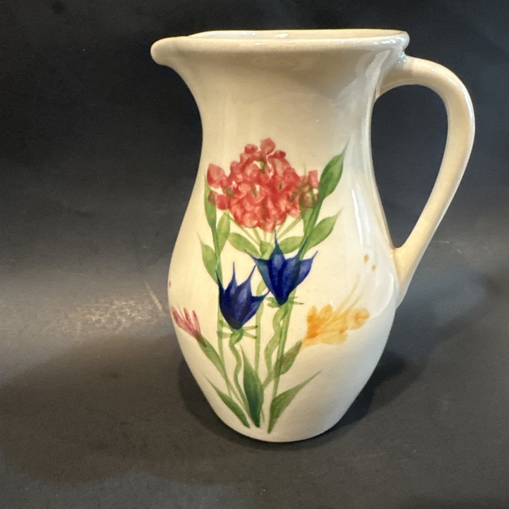 Pottery Pitcher Emerson Creek Vintage Hand Painted 8" Tall Floral Wildflowers